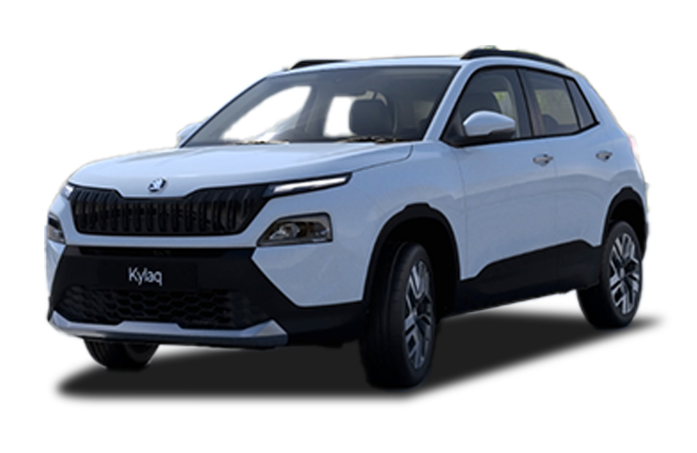 front three-quarter of a Candy White Skoda Kylaq