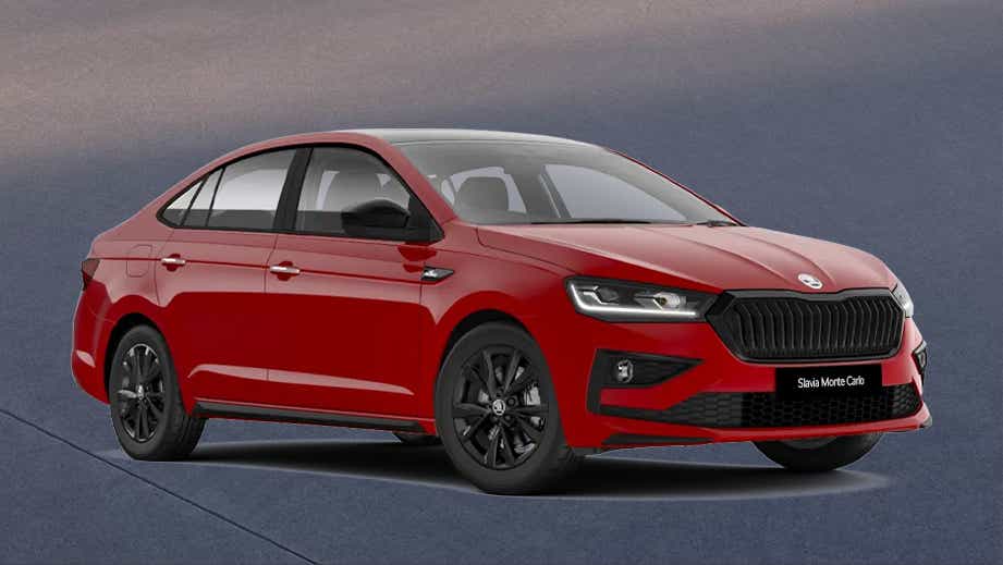 front three-quarter view of a Tornado Red Skoda Slavia