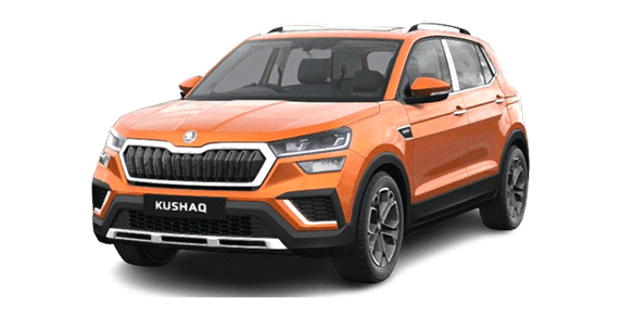 front three-quarter view of a Honey Orange Skoda Kushaq