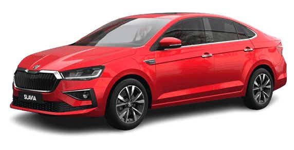 front three-quarter of a Tornado Red Skoda Slavia