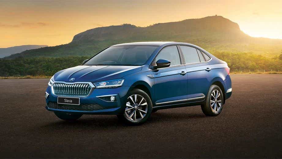 front three-quarter view of a Crystal Blue Skoda Slavia