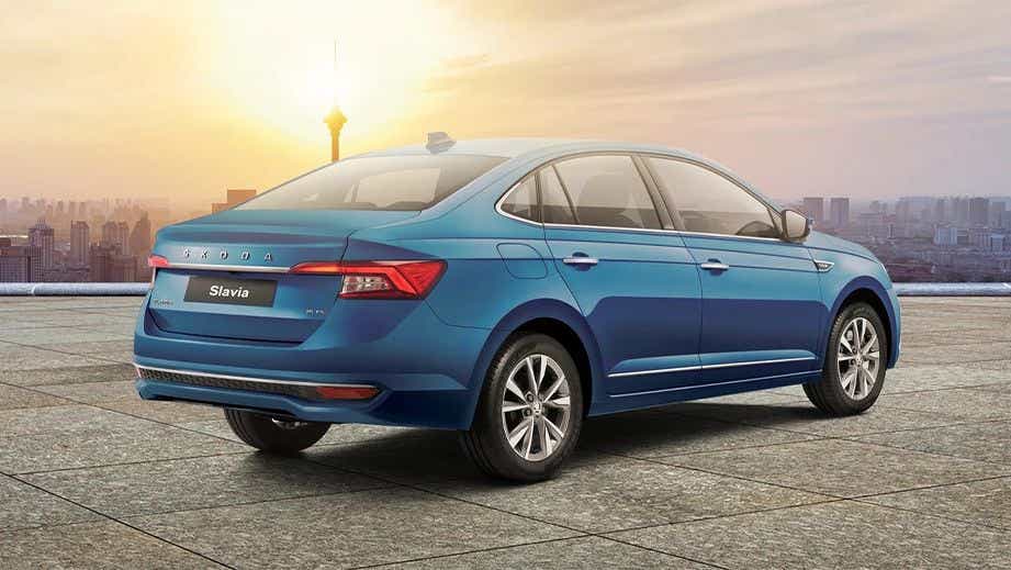 rear three-quarter view of a Crystal Blue Skoda Slavia