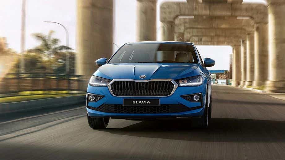 front view of a Crystal Blue Skoda Slavia