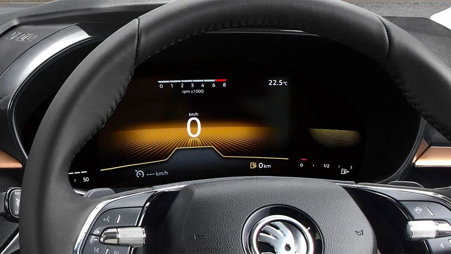 Instrument cluster and steering wheel of a Skoda Slavia