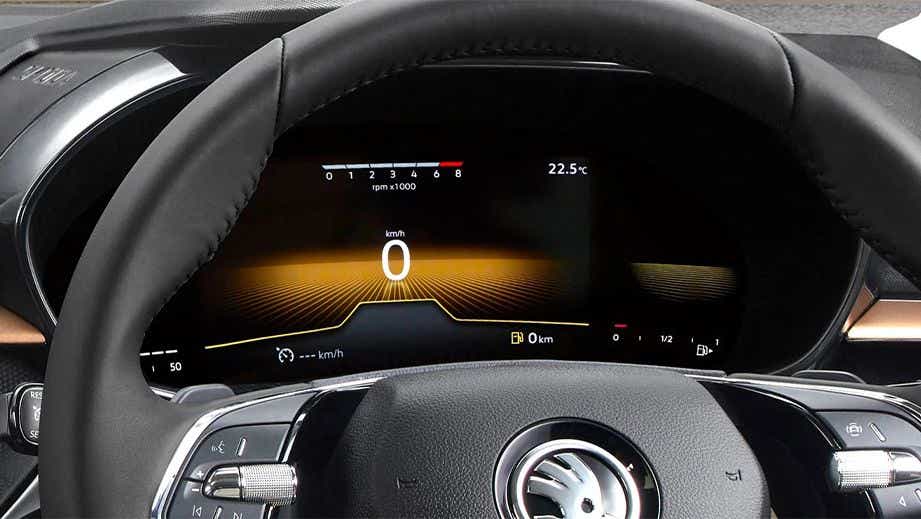 Instrument cluster and steering wheel of a Skoda Slavia