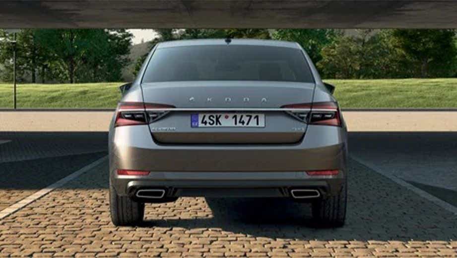 rear view of a Steel Grey Skoda Superb