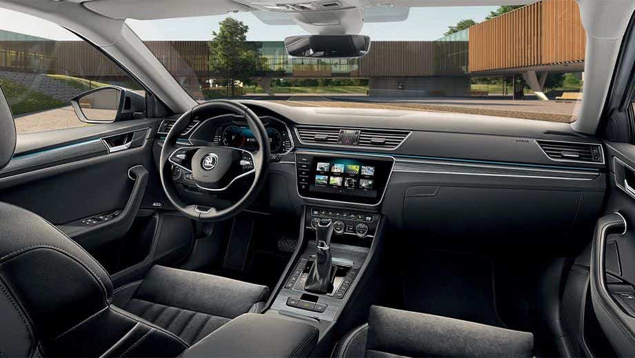 Interior dashboard view of a Skoda Superb