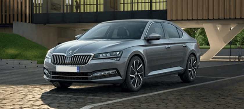 Front three-quarter view of a Steel Grey Skoda Superb