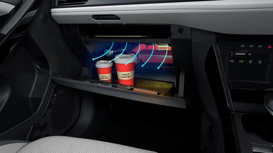 Glovebox compartment of a Tata Nexon EV showing beverage storage