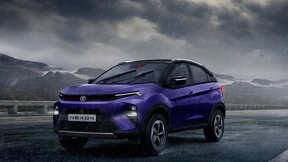 front three-quarter view of a Royal Blue Tata Nexon