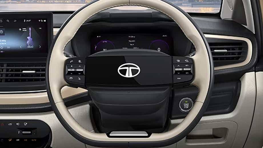 Interior dashboard and steering wheel of a Tata Altroz