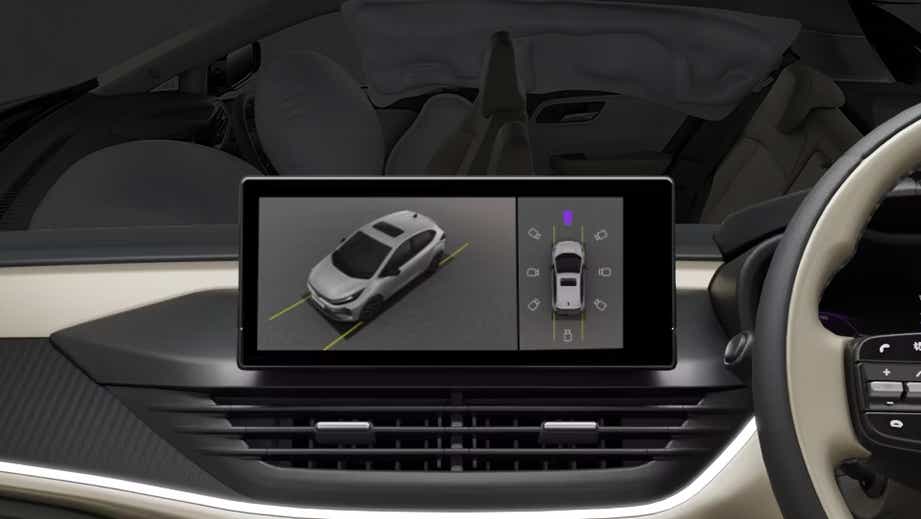 infotainment display showing 360-degree camera view of a Tata Altroz interior dashboard