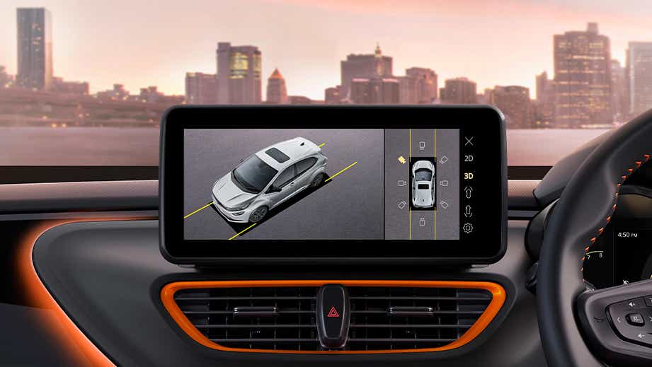 Dashboard touchscreen showing top-down 3D view of a Tata Altroz Racer