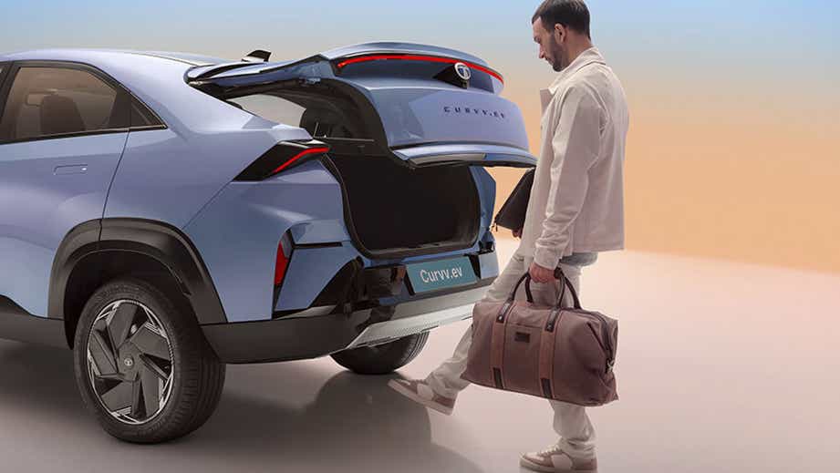 Rear view of a Tata Curvv EV with open boot