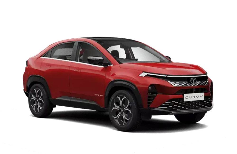 front three-quarter of a Flame Red Tata Curvv