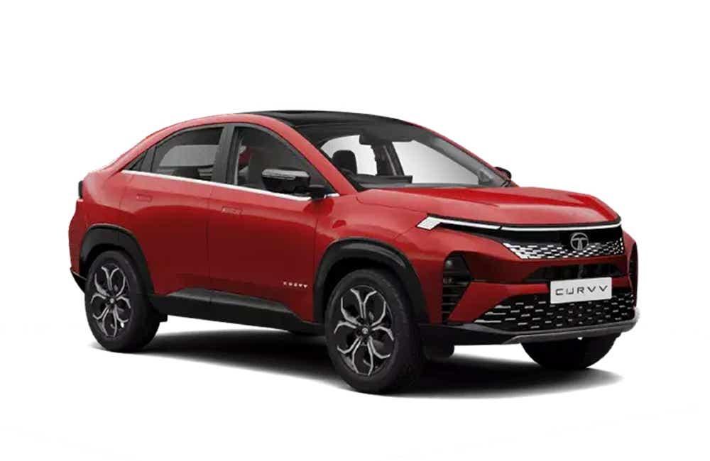 front three-quarter of a Flame Red Tata Curvv