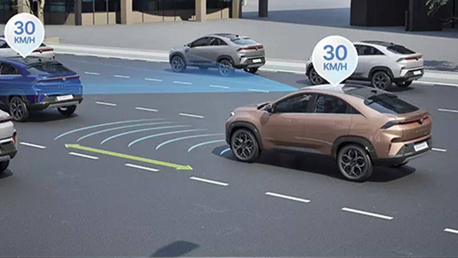 road scene showing a Tata Curvv driving among other cars with sensor graphics