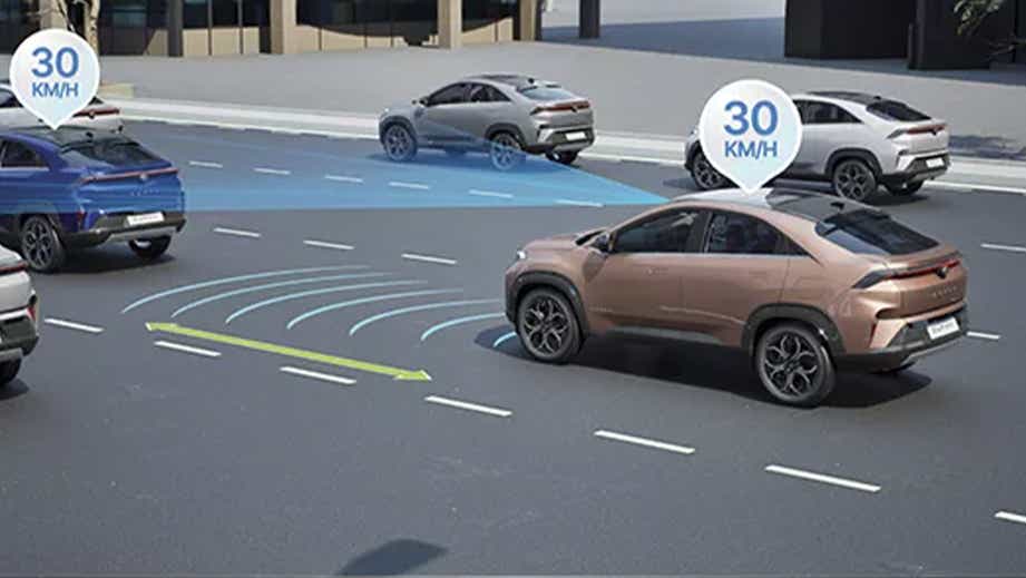 road scene showing a Tata Curvv driving among other cars with sensor graphics