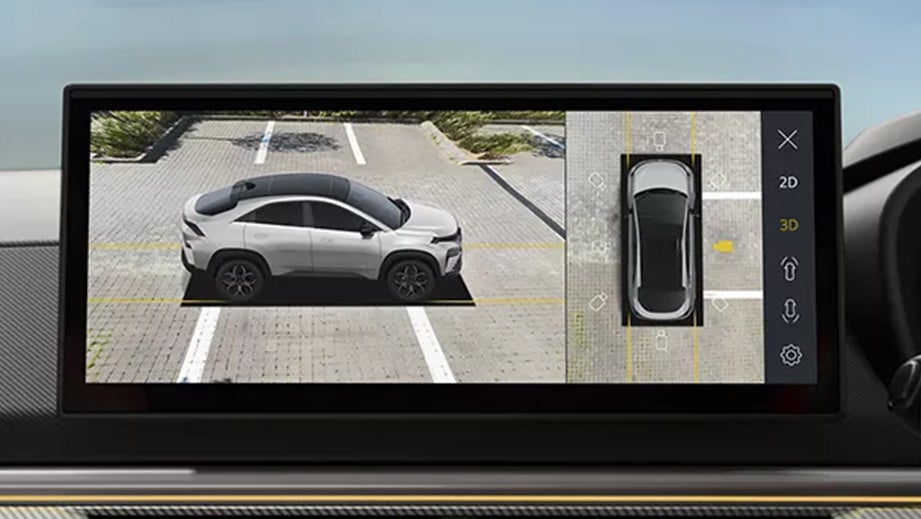 360-degree parking camera view on display of a Tata Curvv