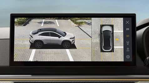 360-degree parking camera view on display of a Tata Curvv