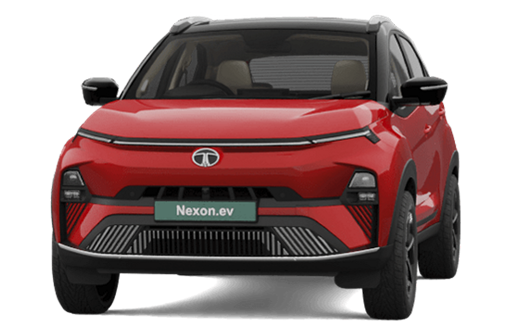 Front view of a Flame Red Dual Tone Tata Nexon EV