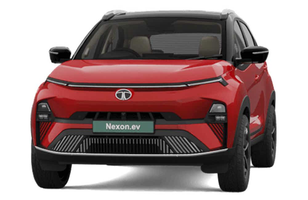 Front view of a Flame Red Dual Tone Tata Nexon EV