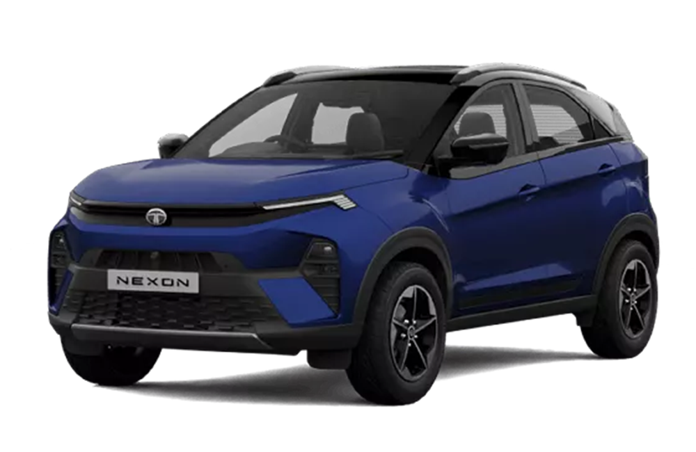 Front three-quarter view of a Royal Blue Tata Nexon