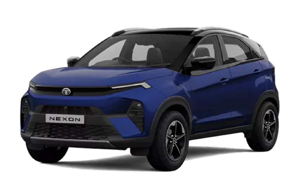 Front three-quarter view of a Royal Blue Tata Nexon