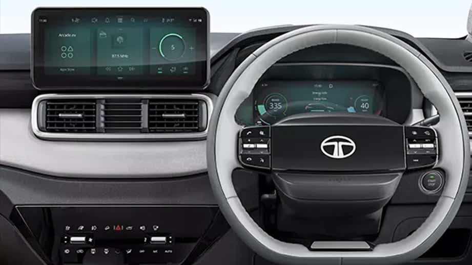 Interior dashboard and steering wheel of a Tata Punch EV