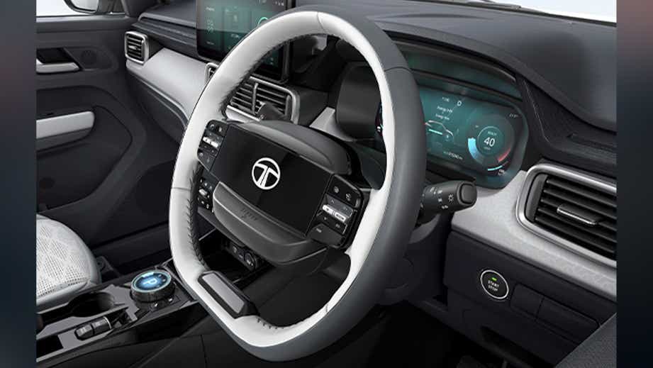Interior dashboard and steering wheel of a Tata Punch EV