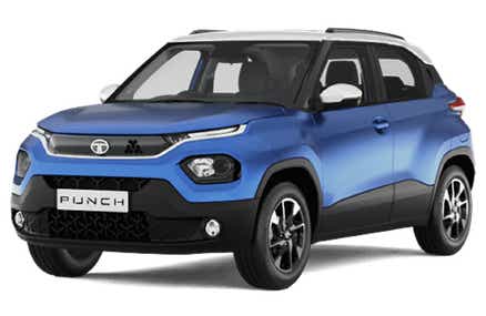 front three-quarter of a Tornado Blue with White Roof Tata Punch