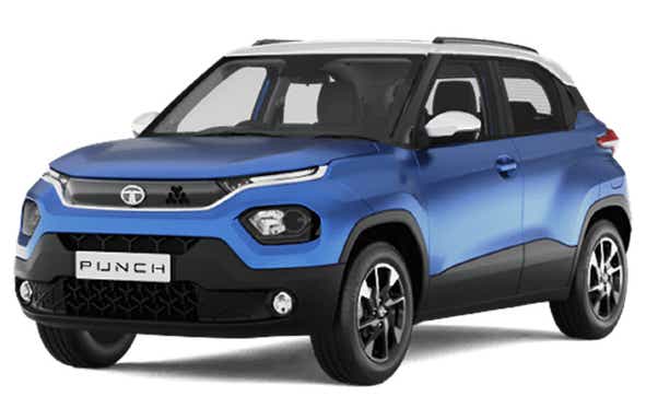front three-quarter of a Tornado Blue with White Roof Tata Punch