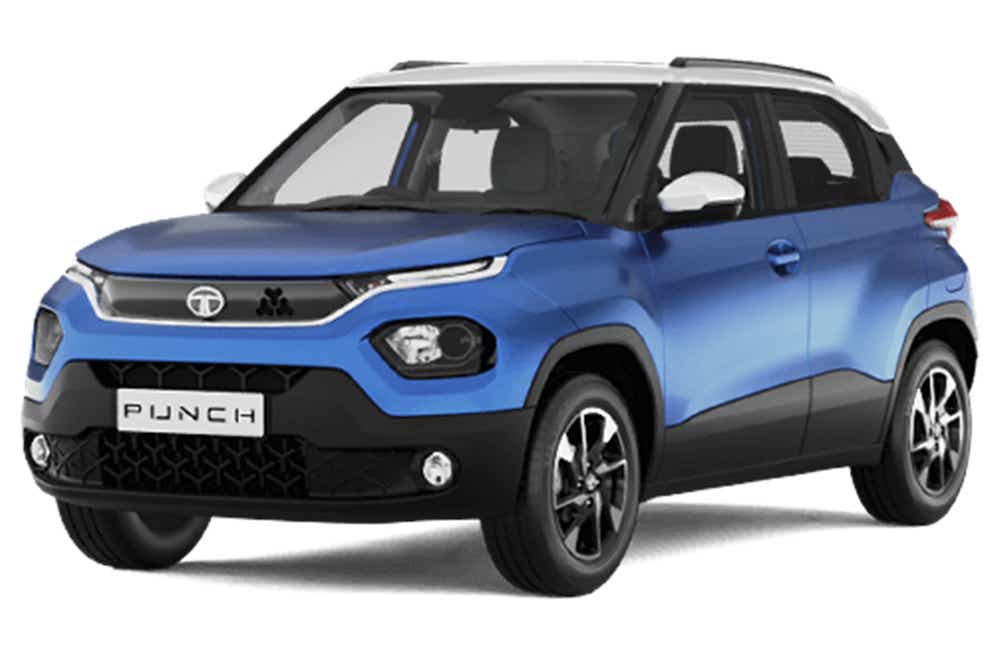 front three-quarter of a Tornado Blue with White Roof Tata Punch