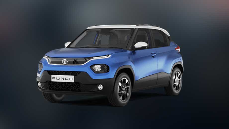Front three-quarter view of a Tornado Blue with White Roof Tata Punch
