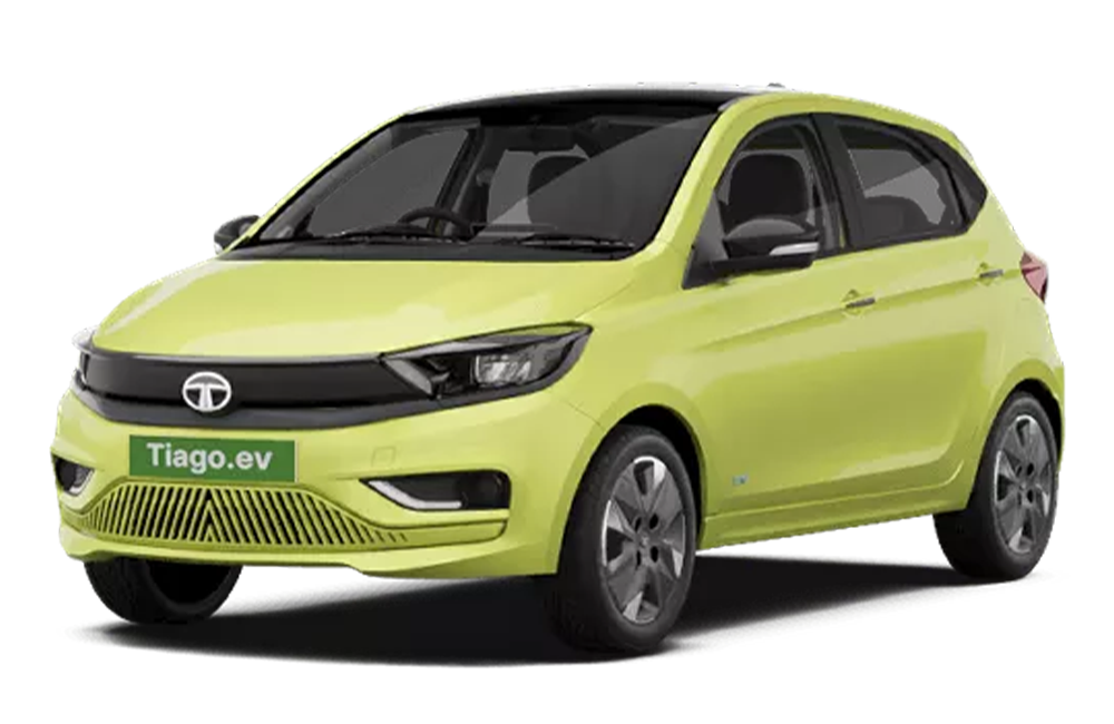 front three-quarter view of a Chill Lime With Dual Tone Tata Tiago EV