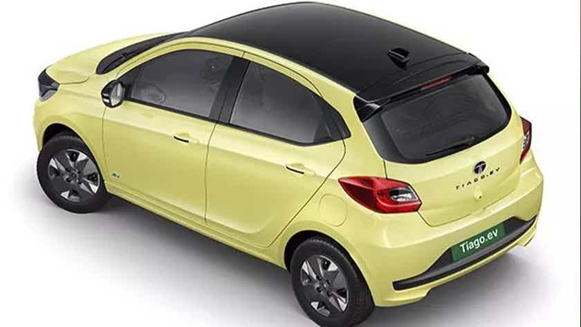 Rear three-quarter view of a Chill Lime With Dual Tone Tata Tiago EV