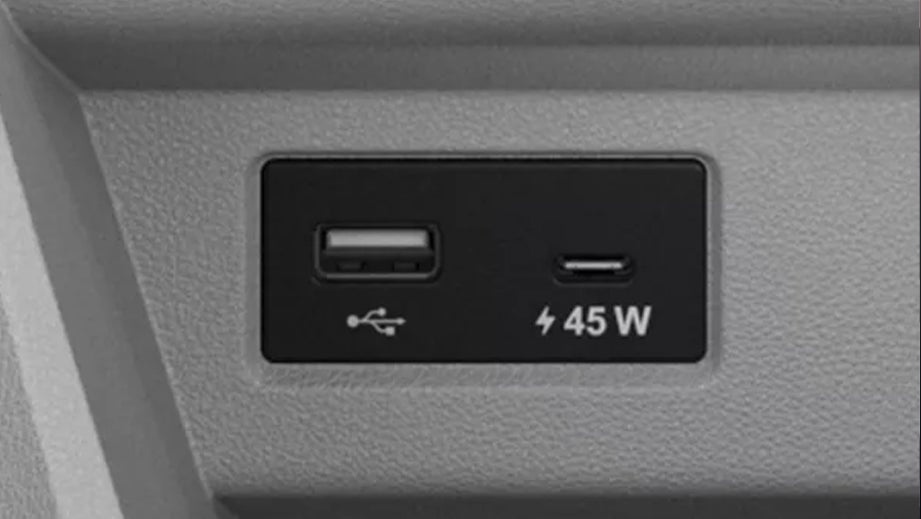 close-up of USB and Type-C ports of a Tata Tiago EV