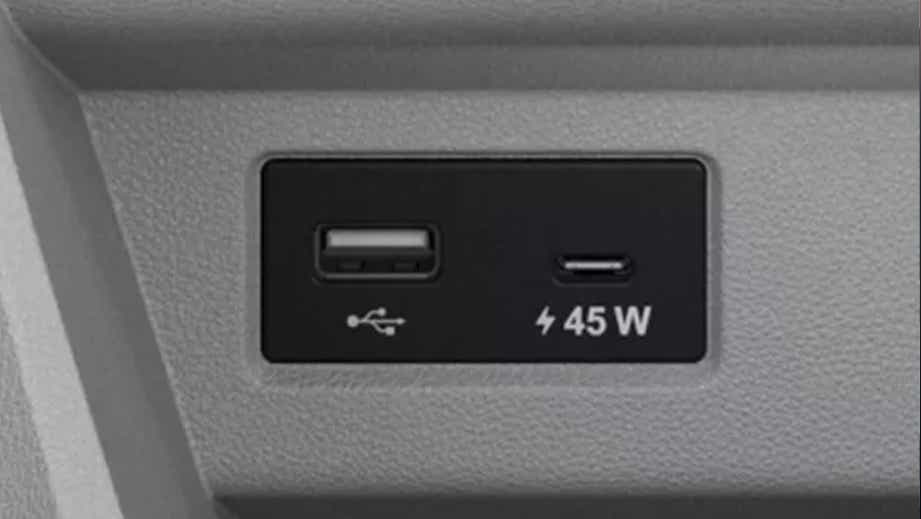 close-up of USB and Type-C ports of a Tata Tiago EV