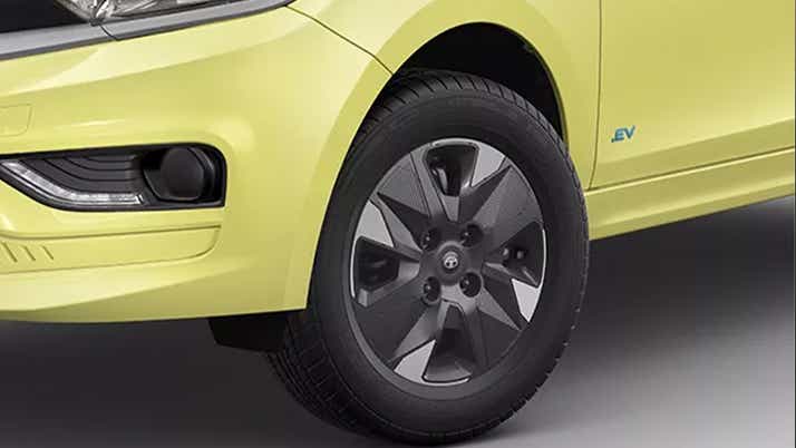 Front wheel and fender of a Chill Lime With Dual Tone Tata Tiago EV