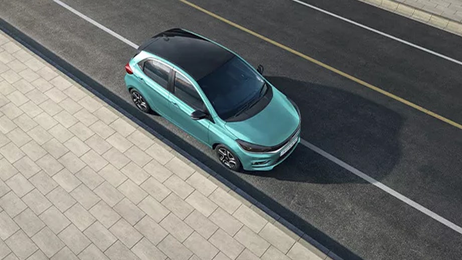 top view of a Tata Tiago parked on the street