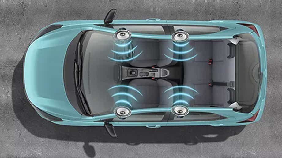 Top view of a Tata Tiago showing the car's interior and speaker placement