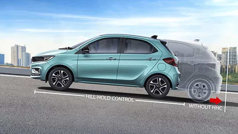 side view of a Tata Tiago showcasing hill-hold control feature