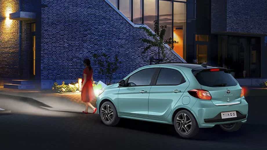 Rear three-quarter view of a Tata Tiago