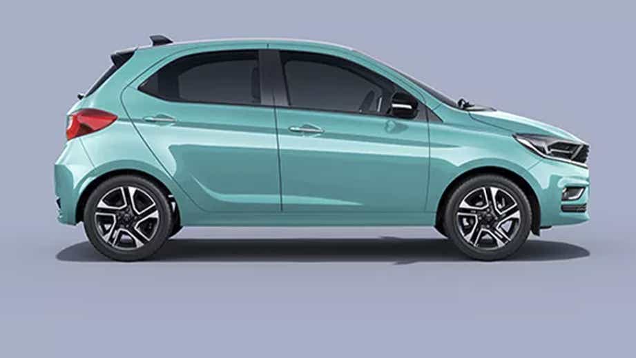 side view of a Tata Tiago hatchback