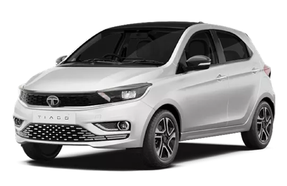 front three-quarter of a Pristine White Tata Tiago