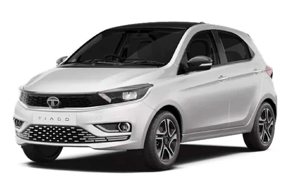 front three-quarter of a Pristine White Tata Tiago