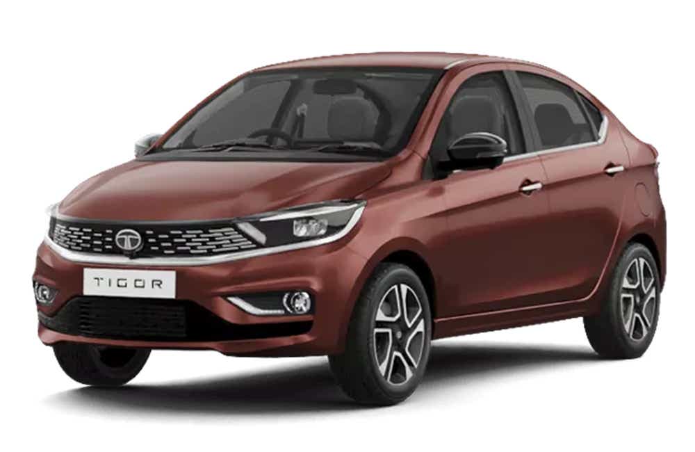 front three-quarter view of a Supernova Copper Tata Tigor