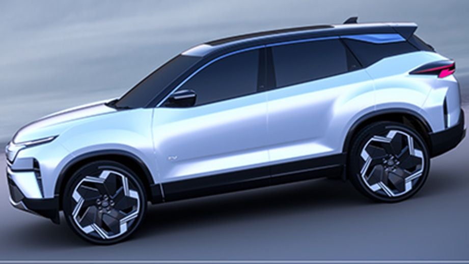 side view of a Pristine White Tata Harrier EV