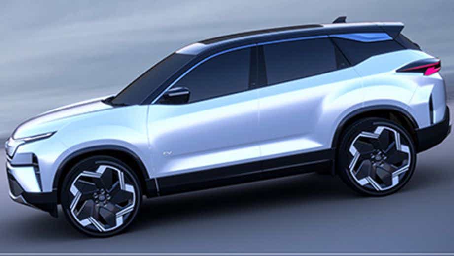 side view of a Pristine White Tata Harrier EV