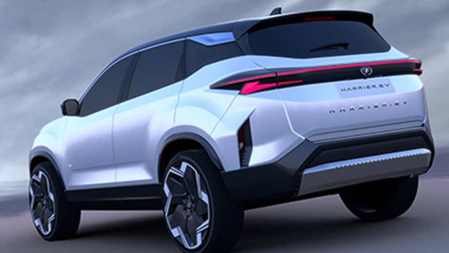 rear three-quarter of a Pristine White Tata Harrier EV